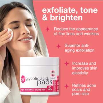 TOUCH 20% Glycolic Acid Pads Exfoliating And Resurfacing AHA Peel Face Wipes - Great for Dullness, Pores, Scars, Fine Wrinkles, Uneven Skin Tone & Texture, 50 Count