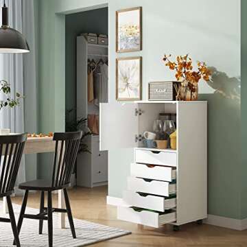 DEVAISE 5-Drawer Wood Dresser with Top Cabinet Storage, Mobile Chest of Drawers, Wide Storage Space ...