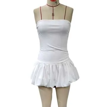 SOLILOQUY Women Y2k Strapless Mini Dress Summer Patchwork Off Shoulder Puff Bubble Party Dress Cocktail Beach Tube Dress