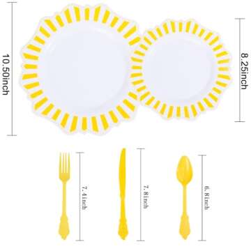COLOSUS 150pcs Disposable White Lemon Yellow Striped Plastic Party Plates and Silverware set, Yellow...
