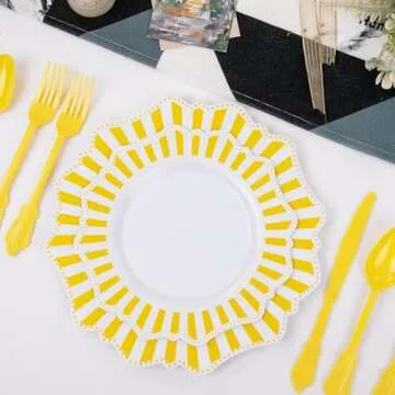 COLOSUS 150pcs Disposable White Lemon Yellow Striped Plastic Party Plates and Silverware set, Yellow Printed Dinner/Dessert Plates silverware serve 30guests for Birthday Weeding Party and Daily use.