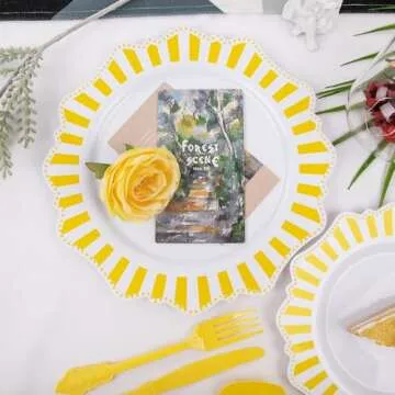 COLOSUS 150pcs Disposable White Lemon Yellow Striped Plastic Party Plates and Silverware set, Yellow Printed Dinner/Dessert Plates silverware serve 30guests for Birthday Weeding Party and Daily use.