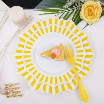 COLOSUS 150pcs Disposable White Lemon Yellow Striped Plastic Party Plates and Silverware set, Yellow Printed Dinner/Dessert Plates silverware serve 30guests for Birthday Weeding Party and Daily use.