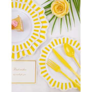 COLOSUS 150pcs Disposable White Lemon Yellow Striped Plastic Party Plates and Silverware set, Yellow Printed Dinner/Dessert Plates silverware serve 30guests for Birthday Weeding Party and Daily use.