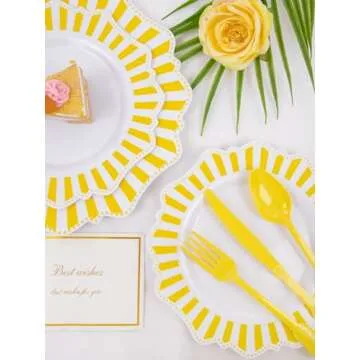 COLOSUS 150pcs Disposable White Lemon Yellow Striped Plastic Party Plates and Silverware set, Yellow Printed Dinner/Dessert Plates silverware serve 30guests for Birthday Weeding Party and Daily use.