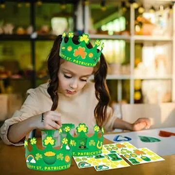 ceiba tree St. Patrick's Day Crown Crafts Kit 24 Pack Shamrock Paper Hats with Stickers for Kids Party Favors