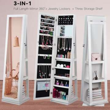 BOSTANA Jewelry Armoire 65" H, Full Length Mirror with Storage 360° Swivel, Lockable Standing Jewel...