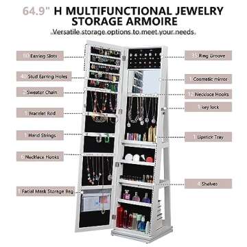 BOSTANA Jewelry Armoire 65" H, Full Length Mirror with Storage 360° Swivel, Lockable Standing Jewelry Cabinet Organizer with Storage Shelves Interior Mirror, Gift Idea, White