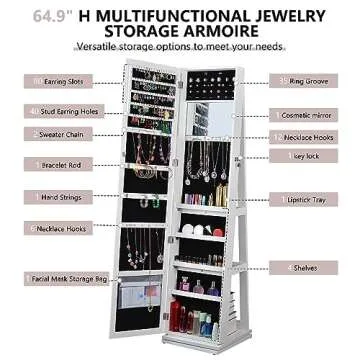 BOSTANA Jewelry Armoire 65" H, Full Length Mirror with Storage 360° Swivel, Lockable Standing Jewelry Cabinet Organizer with Storage Shelves Interior Mirror, Gift Idea, White
