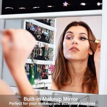 BOSTANA Jewelry Armoire 65" H, Full Length Mirror with Storage 360° Swivel, Lockable Standing Jewelry Cabinet Organizer with Storage Shelves Interior Mirror, Gift Idea, White