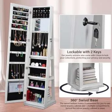BOSTANA Jewelry Armoire 65" H, Full Length Mirror with Storage 360° Swivel, Lockable Standing Jewelry Cabinet Organizer with Storage Shelves Interior Mirror, Gift Idea, White