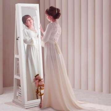 BOSTANA Jewelry Armoire 65" H, Full Length Mirror with Storage 360° Swivel, Lockable Standing Jewelry Cabinet Organizer with Storage Shelves Interior Mirror, Gift Idea, White