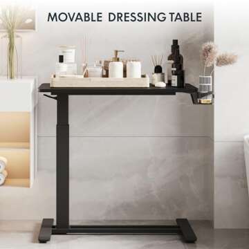 FLEXISPOT Adjustable Overbed Bedside Table with Wheels Pneumatic Mobile Standing Desk Laptop Desk Rolling Computer Cart Movable Overbed Table Hospital Home Use(31.5" W x 17.7" D, Black Large)