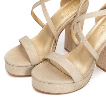Trary Women's Gold Strappy Platform Chunky High Heels Sandals - Fashionable & Comfortable Open Toe H...