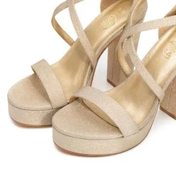 Trary Women's Gold Strappy Platform Chunky High Heels Sandals - Fashionable & Comfortable Open Toe H...