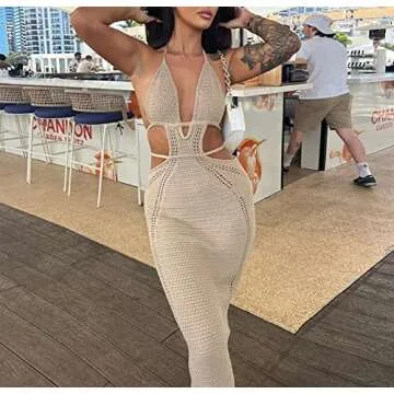 Women Y2k Crochet Knitted Halter Long Dress V Neck Sleeveless Maxi Midi Dress Sexy Open Back Beach Dress Streetwear