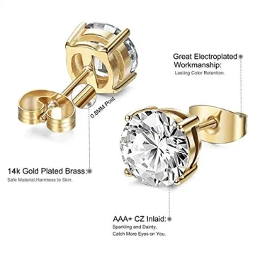 Kainier 14K Gold Plated CZ Stud Earrings Hypoallergenic Set