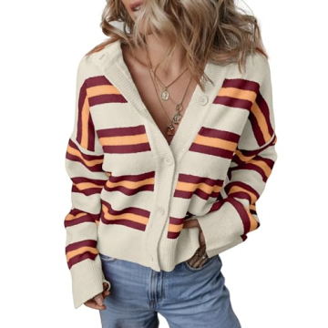 EVALESS Cardigan Sweaters for Women 2024 Fashion Trendy Lightweight Fall Cropped Striped Chunky Knit...