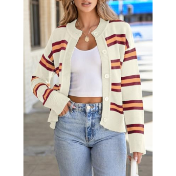 EVALESS Cardigan Sweaters for Women 2024 Fashion Trendy Lightweight Fall Cropped Striped Chunky Knit Long Sleeve Open Front Button Down Tops Outfits,White Stripe Large