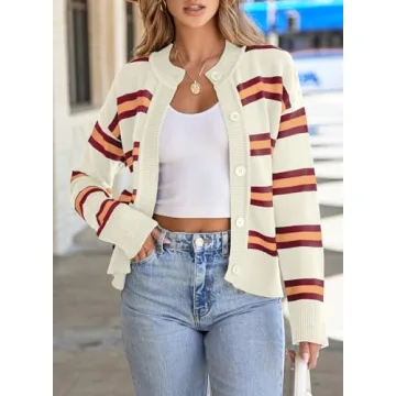 EVALESS Cardigan Sweaters for Women 2024 Fashion Trendy Lightweight Fall Cropped Striped Chunky Knit Long Sleeve Open Front Button Down Tops Outfits,White Stripe Large