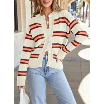 EVALESS Cardigan Sweaters for Women 2024 Fashion Trendy Lightweight Fall Cropped Striped Chunky Knit Long Sleeve Open Front Button Down Tops Outfits,White Stripe Large