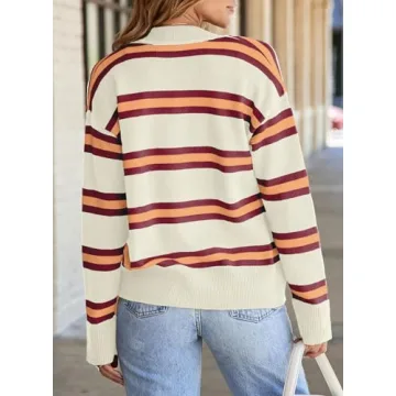 EVALESS Cardigan Sweaters for Women 2024 Fashion Trendy Lightweight Fall Cropped Striped Chunky Knit Long Sleeve Open Front Button Down Tops Outfits,White Stripe Large