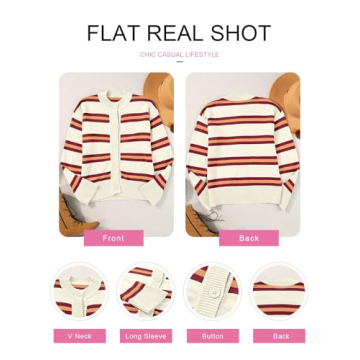 EVALESS Cardigan Sweaters for Women 2024 Fashion Trendy Lightweight Fall Cropped Striped Chunky Knit Long Sleeve Open Front Button Down Tops Outfits,White Stripe Large