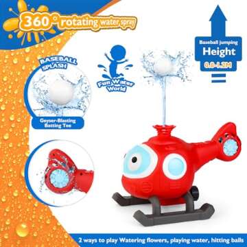LELETAM 2-in-1 Water Sprinkler Baseball Helicopter Toy for Kids Outdoor Play, Attaches to Garden Hose, Summer Outside Toys Lawn Backyard Game Pool Party for Kids Age 3 4 5 6 7 8, 12 Gift