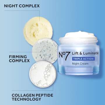 No7 Lift & Luminate Triple Action Night Cream - Anti-Wrinkle, Collagen Peptide Moisturizer with Skin Firming Hyaluronic Acid & Hibiscus - Helps Even Skin Tone for a Radiant Complexion (1.7 Fl Oz)