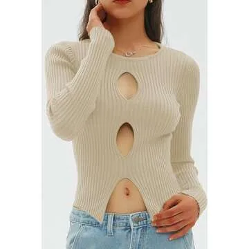 CHYRII Womens Sexy Fall Fashion Cutout Tops Ribbed Knit Winter Pullover Sweater Going Out Crop Tops Apricot S