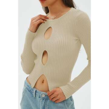 CHYRII Womens Sexy Fall Fashion Cutout Tops Ribbed Knit Winter Pullover Sweater Going Out Crop Tops Apricot S