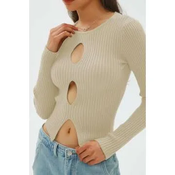 CHYRII Womens Sexy Fall Fashion Cutout Tops Ribbed Knit Winter Pullover Sweater Going Out Crop Tops Apricot S