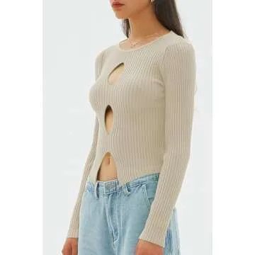CHYRII Womens Sexy Fall Fashion Cutout Tops Ribbed Knit Winter Pullover Sweater Going Out Crop Tops Apricot S