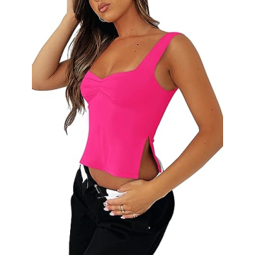 REORIA Women Summer Tops Sexy Ruched Sweetheart Neck Sleeveless Backless Side Split Fashion Tank Tops Going Out Y2K Trendy Crop Tops for Teen Girls Neon Rose Red Small