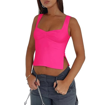 REORIA Women Summer Tops Sexy Ruched Sweetheart Neck Sleeveless Backless Side Split Fashion Tank Tops Going Out Y2K Trendy Crop Tops for Teen Girls Neon Rose Red Small