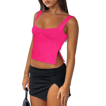 REORIA Women Summer Tops Sexy Ruched Sweetheart Neck Sleeveless Backless Side Split Fashion Tank Tops Going Out Y2K Trendy Crop Tops for Teen Girls Neon Rose Red Small