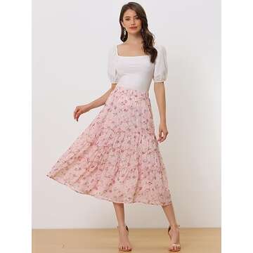 Allegra K Women's Floral Skirts Chiffon A-line Long Tiered Ruffle Boho Midi Skirt XS-3XL Large Pink