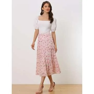 Allegra K Women's Floral Skirts Chiffon A-line Long Tiered Ruffle Boho Midi Skirt XS-3XL Large Pink
