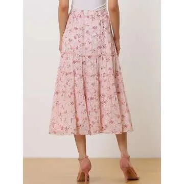 Allegra K Women's Floral Skirts Chiffon A-line Long Tiered Ruffle Boho Midi Skirt XS-3XL Large Pink