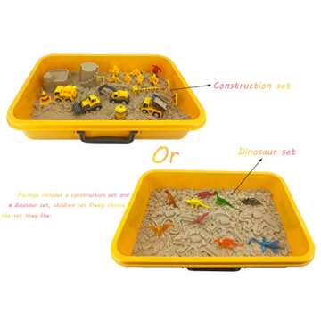 INvench Construction Dinosaur Play Sand Set - 38 Pieces Sensory Bin Sand Kit Include 2 lbs Magic Sand, Construction Vehicle, Dinsoaur Figures, Dinosaur & Castle Molds for 3 4 5 Year Old Toddlers Kids