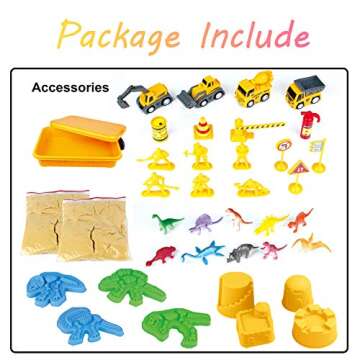 INvench Construction Dinosaur Play Sand Set - 38 Pieces Sensory Bin Sand Kit Include 2 lbs Magic Sand, Construction Vehicle, Dinsoaur Figures, Dinosaur & Castle Molds for 3 4 5 Year Old Toddlers Kids