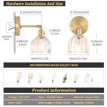 Shenmoyl Vintage Brass Adjustable Wall Sconces with Tulip Glass