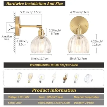 Shenmoyl Vintage Brass Adjustable Wall Sconces with Tulip Glass