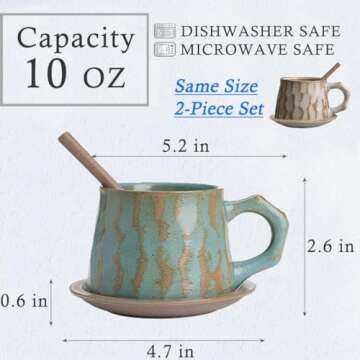 Rustic Ceramic Coffee Mugs Set of 2 with Saucers