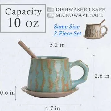 Rustic Ceramic Coffee Mugs Set of 2 with Saucers
