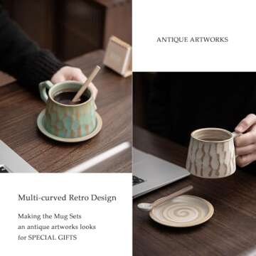 Rustic Ceramic Coffee Mugs Set of 2 with Saucers