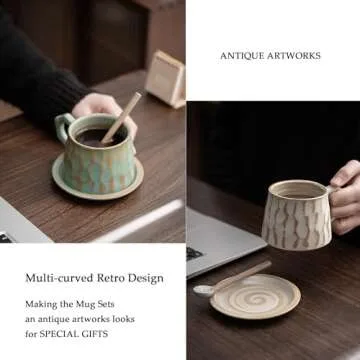 Rustic Ceramic Coffee Mugs Set of 2 with Saucers
