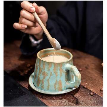 Rustic Ceramic Coffee Mugs Set of 2 with Saucers