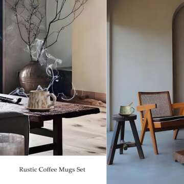 Rustic Ceramic Coffee Mugs Set of 2 with Saucers