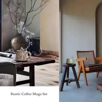 Rustic Ceramic Coffee Mugs Set of 2 with Saucers